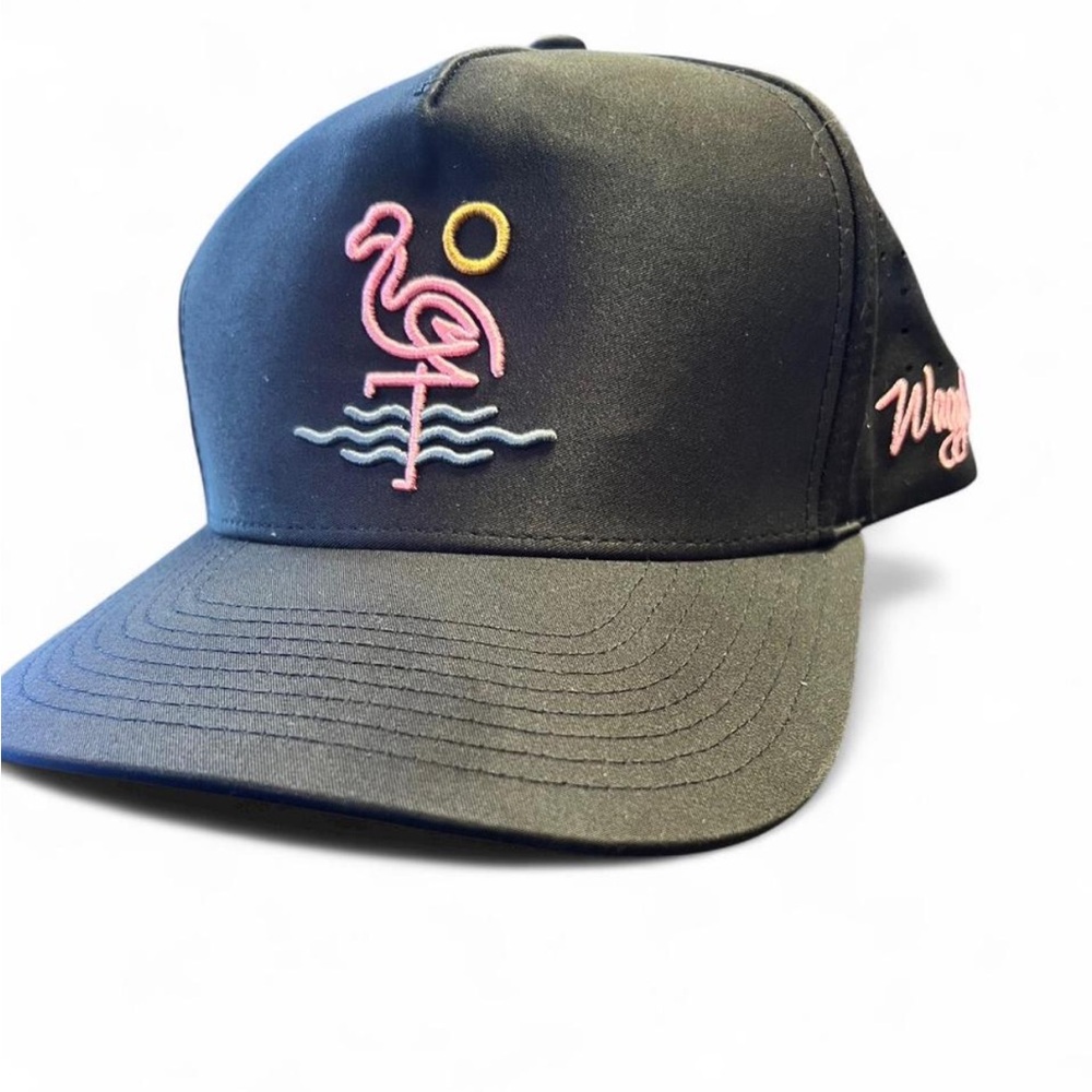 Black Hat with Pink Flamingo Embroidery